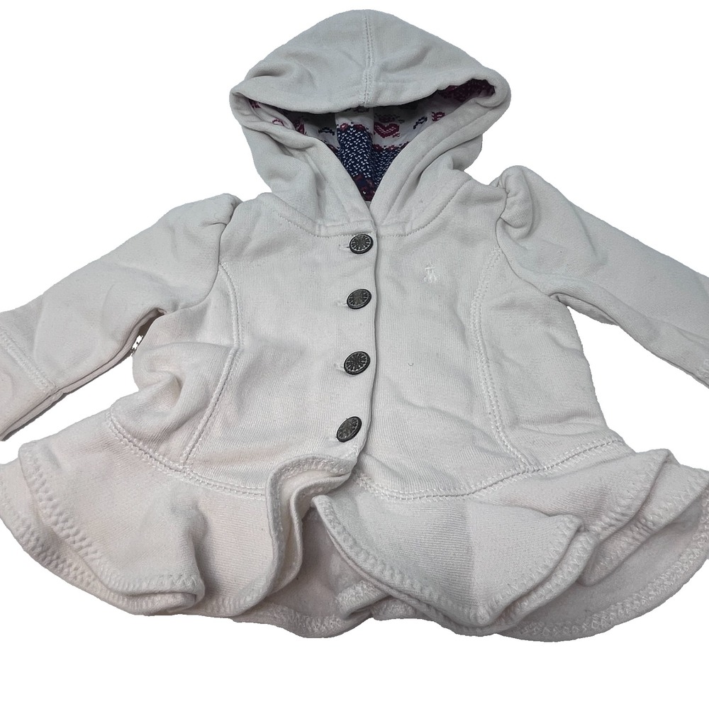 Ralph Lauren Girls Infant 3M Ruffled Hoodie Cream Button Peplum Jacket Prem Tag